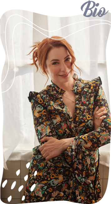 Headshot of Felicia Day with the text Bio overlaid